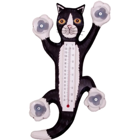 Climbing Black And White Cat Small Window Thermometer